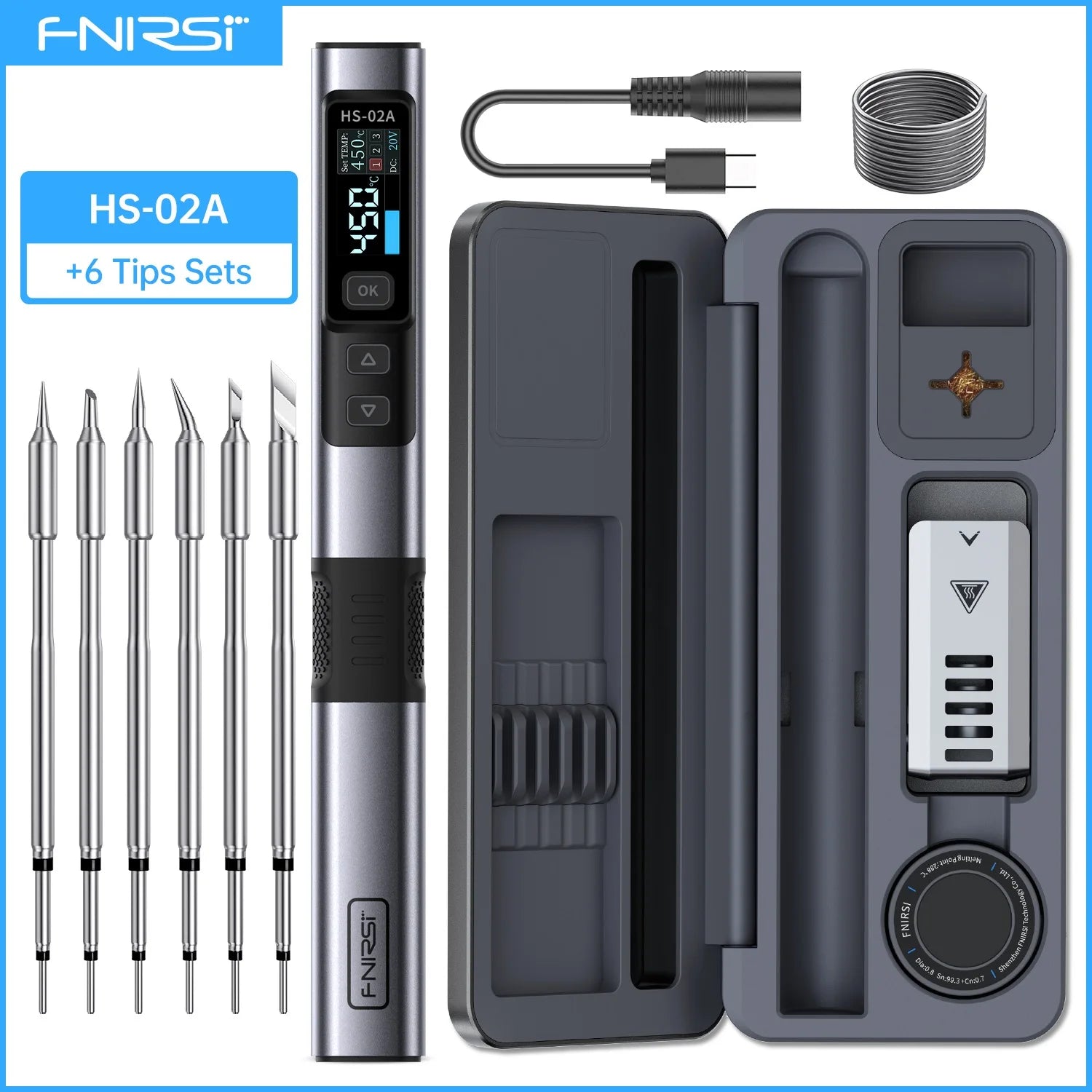 FNIRSI HS-02 Adjustable Temperature Soldering Iron DC 20V 100-450℃ Welding Solder Rework Station PD 100W Portable Repair Tool