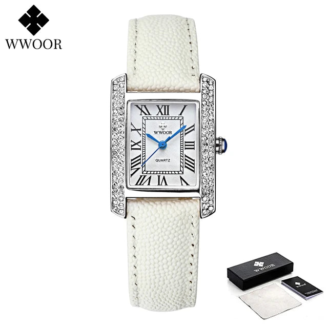 WWOOR Elegant Women's Watches Square Diamond Ladies Watch Waterproof Luxury Brand Leather Quartz Bracelet Watches Zegarek Damski