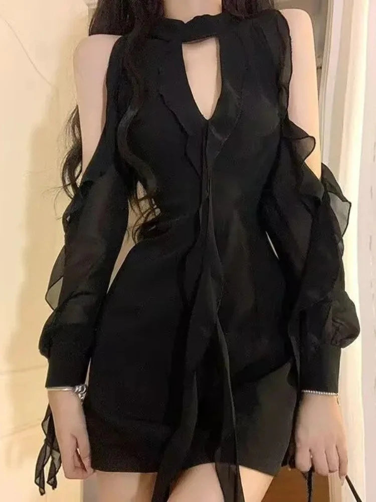 Korean Style Black Off-Shoulder Sexy Hollow-Out Dress for Women Spring Casual Temperament Fashion