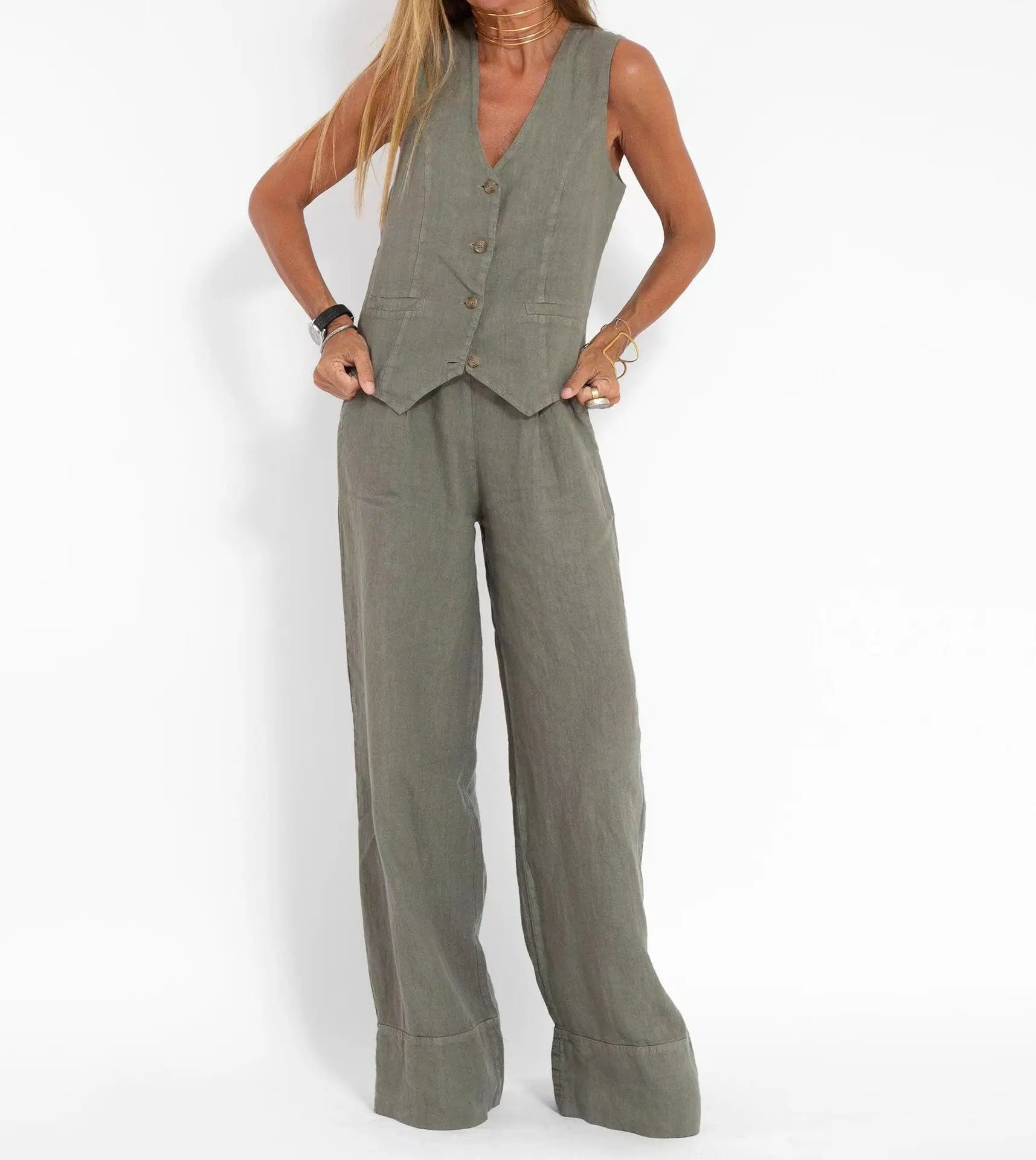 Women's Clothing 2025 Spring Summer New Fashionable Vest Pants Collage Splicing Pure Sleeveless Color Temperament Casual Suit