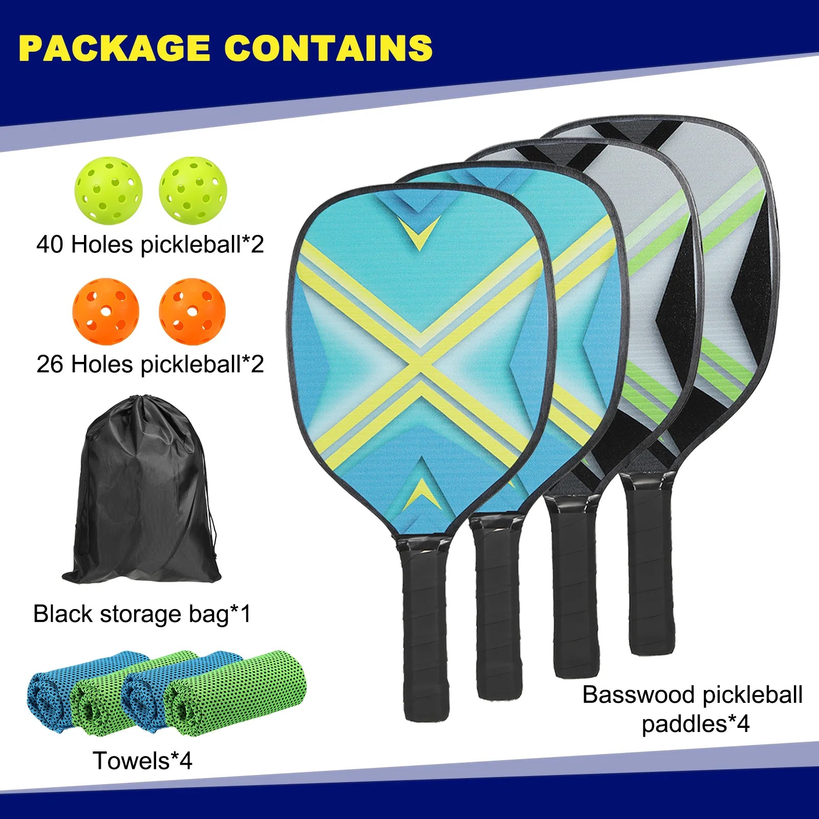 Pickleball Paddles Set — 4 Wood Rackets + 4 Balls + 4 Cooling Towels + Carry Bag (Beginner/Family Set)
