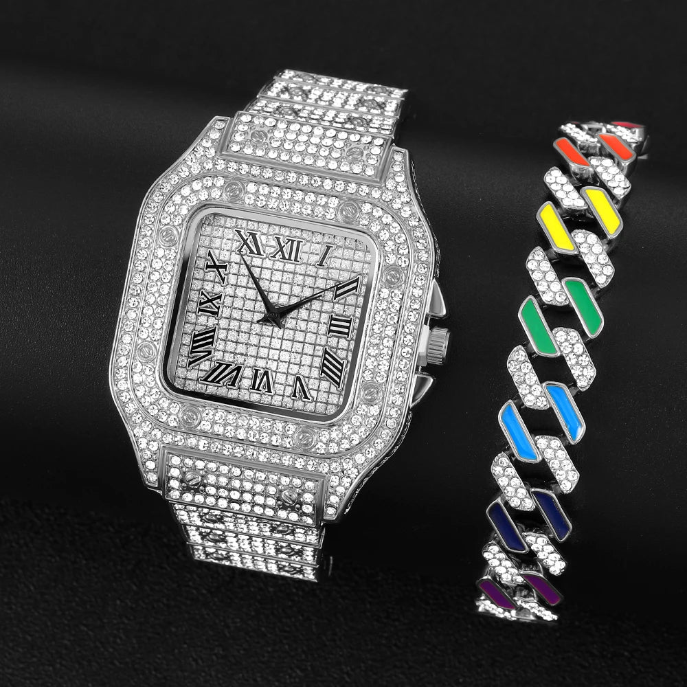 Women’s Full Iced-Out Watch Set | Green Dial Luxury Bling with Cuban & Tennis Chain Bracelets