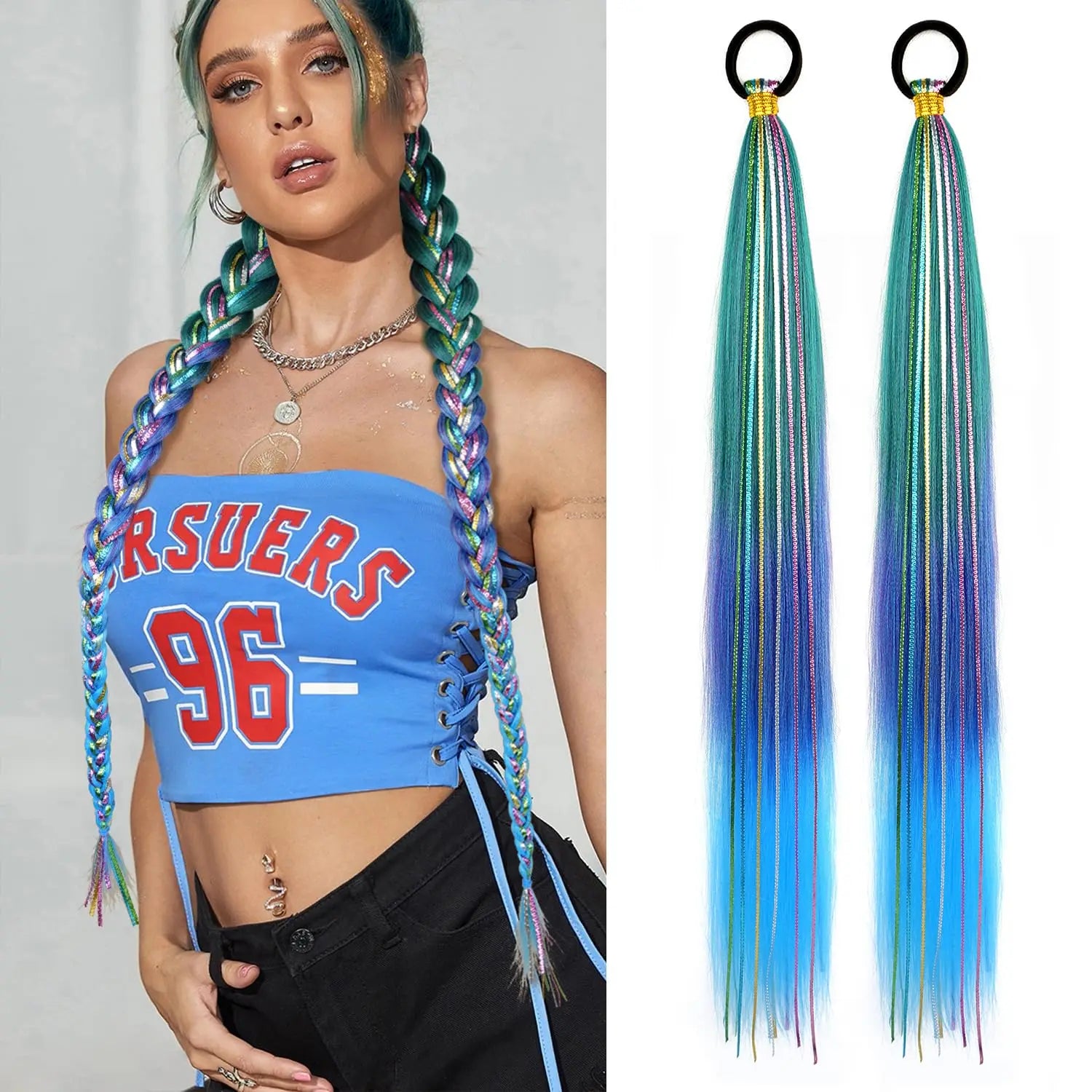 26 Inch Hair Tinsel Colored Braided Ponytail Extension 1/2 Pack Blue Pink Gradient Hair Extensions Synthetic Ponytail
