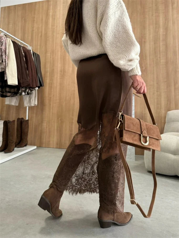 Trendix Women Patchwork Lace Skirts 2025 New High Waist Slim Hollow Out Maxi Skirts Autumn Brown Fashion Party Club Boho Skirt