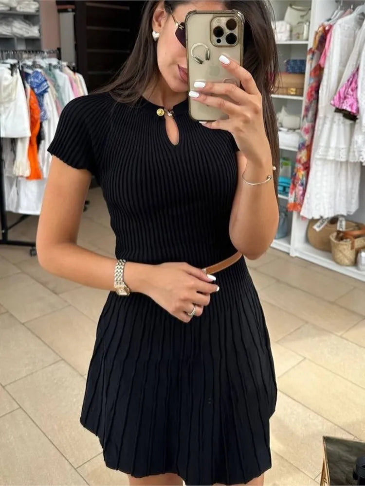 Ribbed Knitting A-line Short Dress Chic Elegant Slim Summer Dress 2025 Short Sleeve Round Neck Fashion New Dresses Vestidos