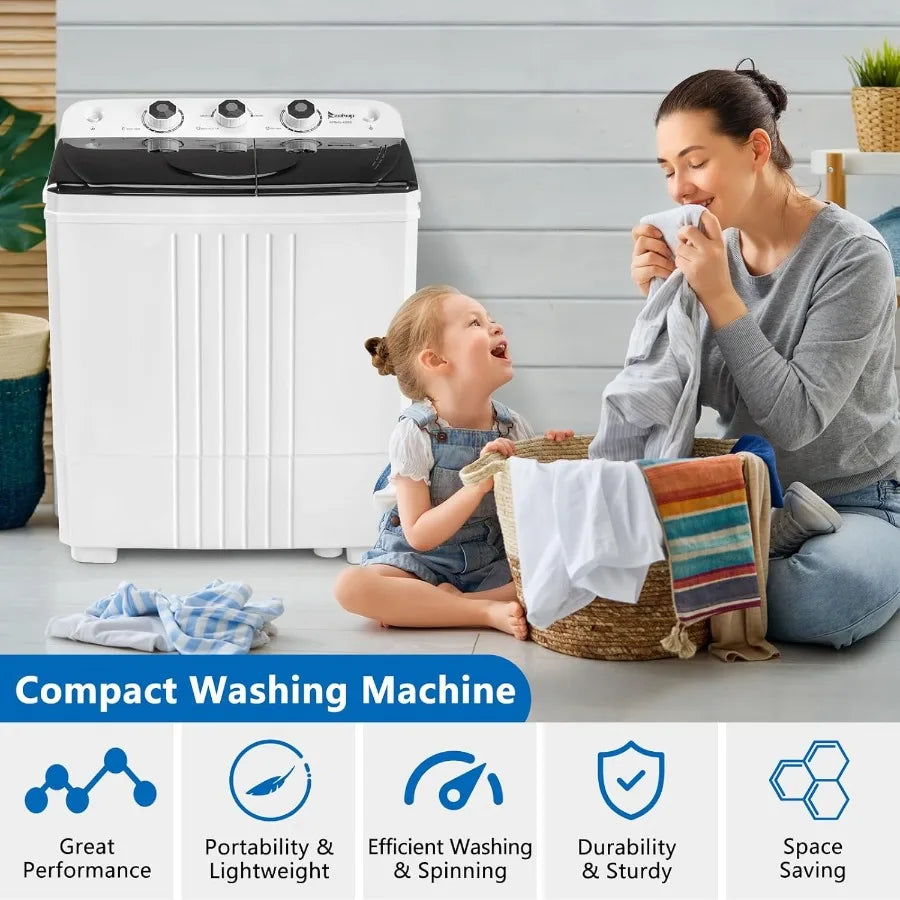20LBS Portable Washing Machine Compact Mini Washer Machine Dryer Combo Built-in Gravity Drain Small Twin Tub Washer with Spin C