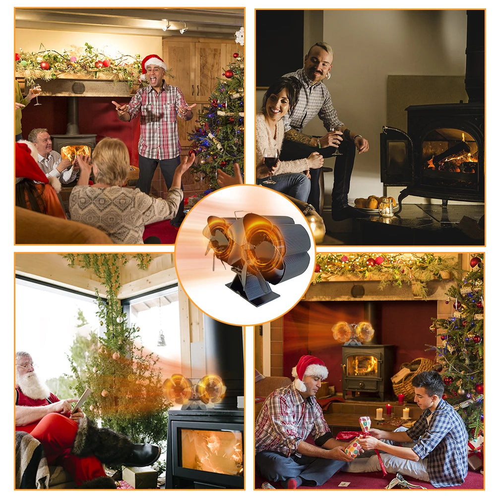 Wood Stove Fan Heat Powered Dual Silent Motors 4 Blades Non-Electric Heat Fireplace Fan with Bracket and Magnetic Thermometer