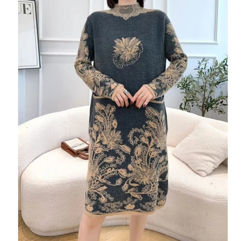 Autumn Winter Women Vintage Ethnic Style Flower Pockets Knitted Dresses Ladies Half High Collar Long Sleeve Loose Sweater Dress