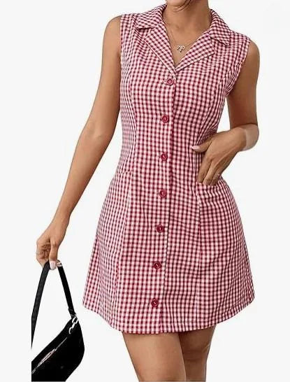 French Retro Plaid Dresses Women Summer New  Sleeveless Round Neck Button Up Cocktail Dress Female Bodycon Dresses Vestidos