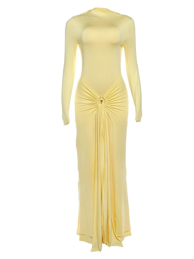 Weird Puss Ruched Elegant Maxi Dress Women Daily Casual Fashion Skinny Full Sleeve Solid Gown Midnight Prom Party Long Bodycon