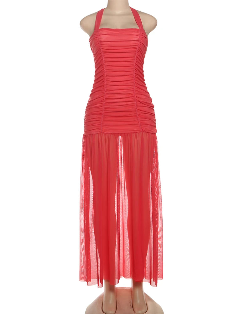 Nibber See Through Hem Dress Women Ruched Halter Summer Trend Sleeveless Backless Patchwork Midnight Clubwear Party Maxi Bodycon