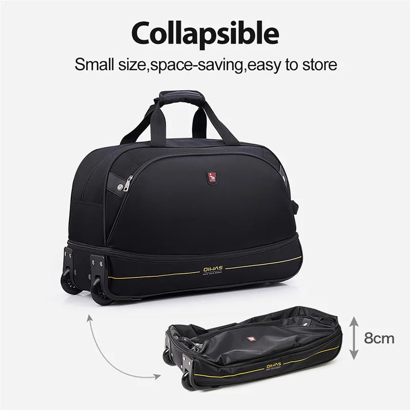 OIWAS Men Trolley Duffle Bag 56L Water-Repellent Foldable Rolling Suitcase Hand Luggage With Wheels Carry-On Bags Expansion Pack