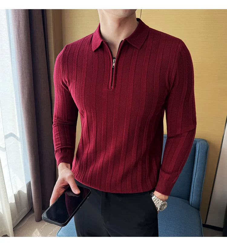 Men's Zip-Front Knit Sweater - White Polo Collar (Black/Burgundy/Cream) M-4XL Soft Touch Autumn Winter Casual Style