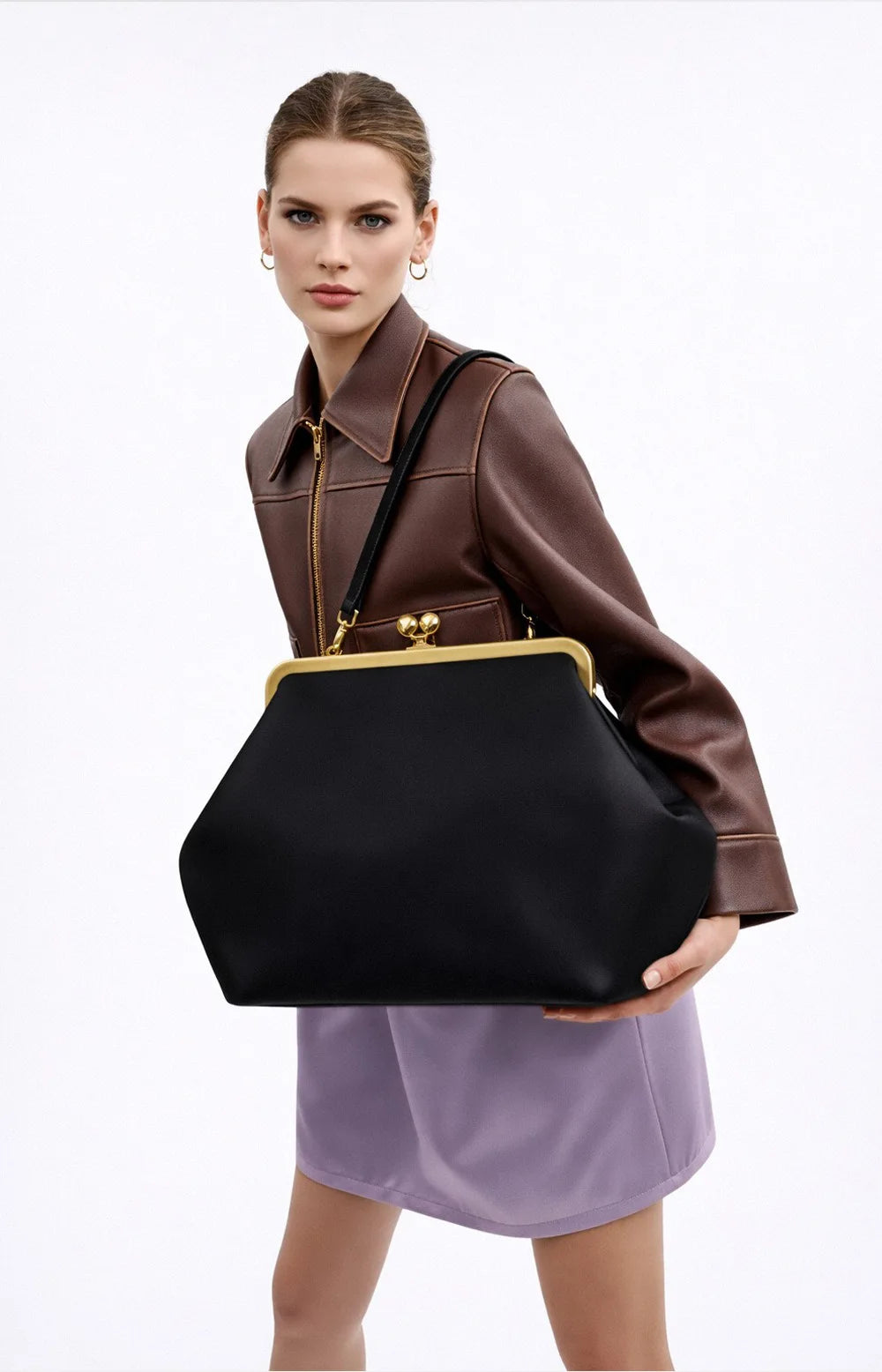 Fashion Large Kisslock Clutch Bag for Women Designer Clip Shell Women Shoulder Bags Luxury Soft Pu Leather Pink Color Handbags