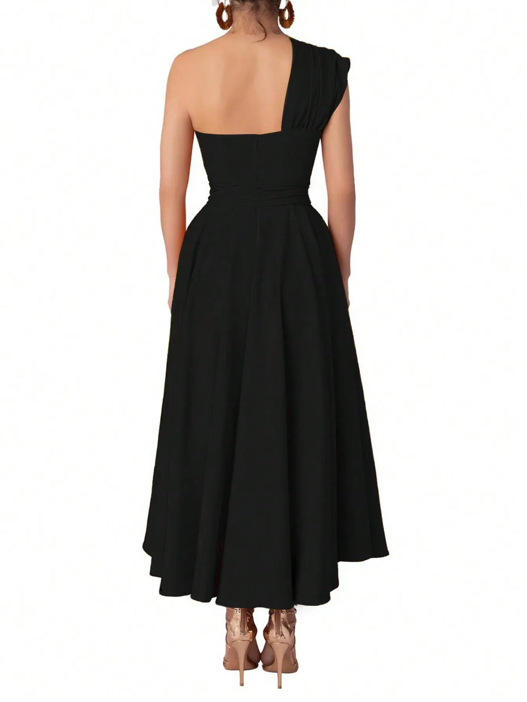 Women's Black Asymmetrical One-Shoulder Maxi Dress with Side Slit and Waist Tie
