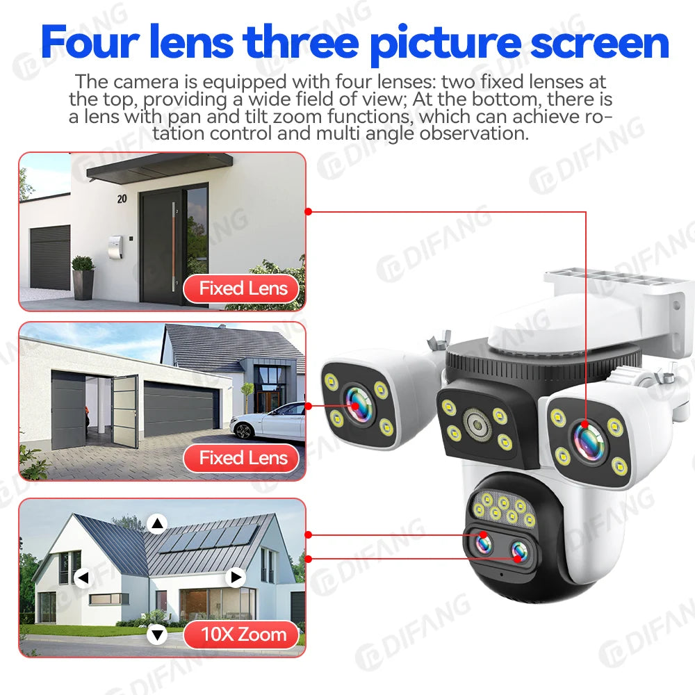 Outdoor 10K WiFi6 Camera 20MP 10X Optics Zoom Three Screen Four Len PTZ Automatic Tracking 6K Dual Lens Waterproof Security CCTV
