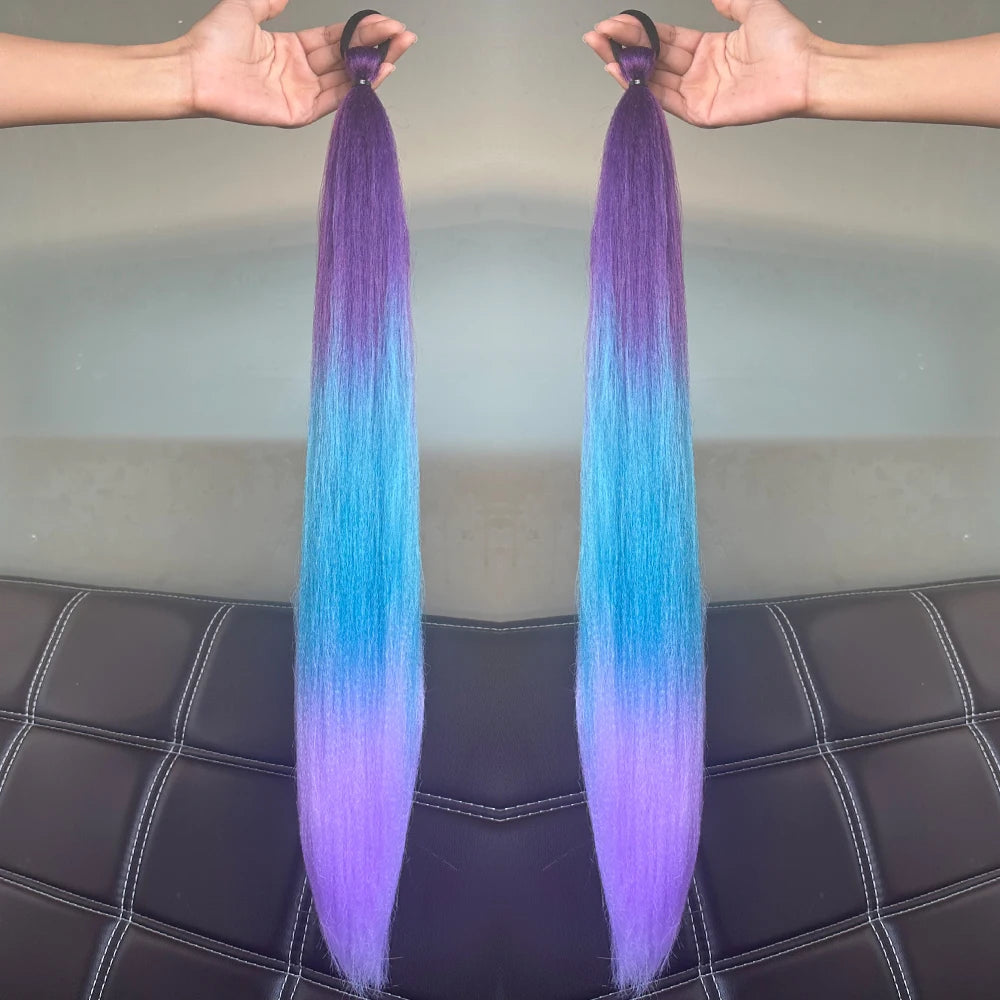 Synthetic Colorful Ponytail Extension 2Pcs Long Straight DIY Braided Pony Tail Hairpiece with Rubber Band Women Hair Accessories