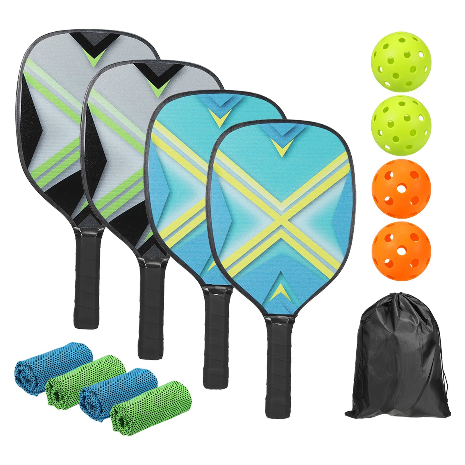 Pickleball Paddles Set — 4 Wood Rackets + 4 Balls + 4 Cooling Towels + Carry Bag (Beginner/Family Set)