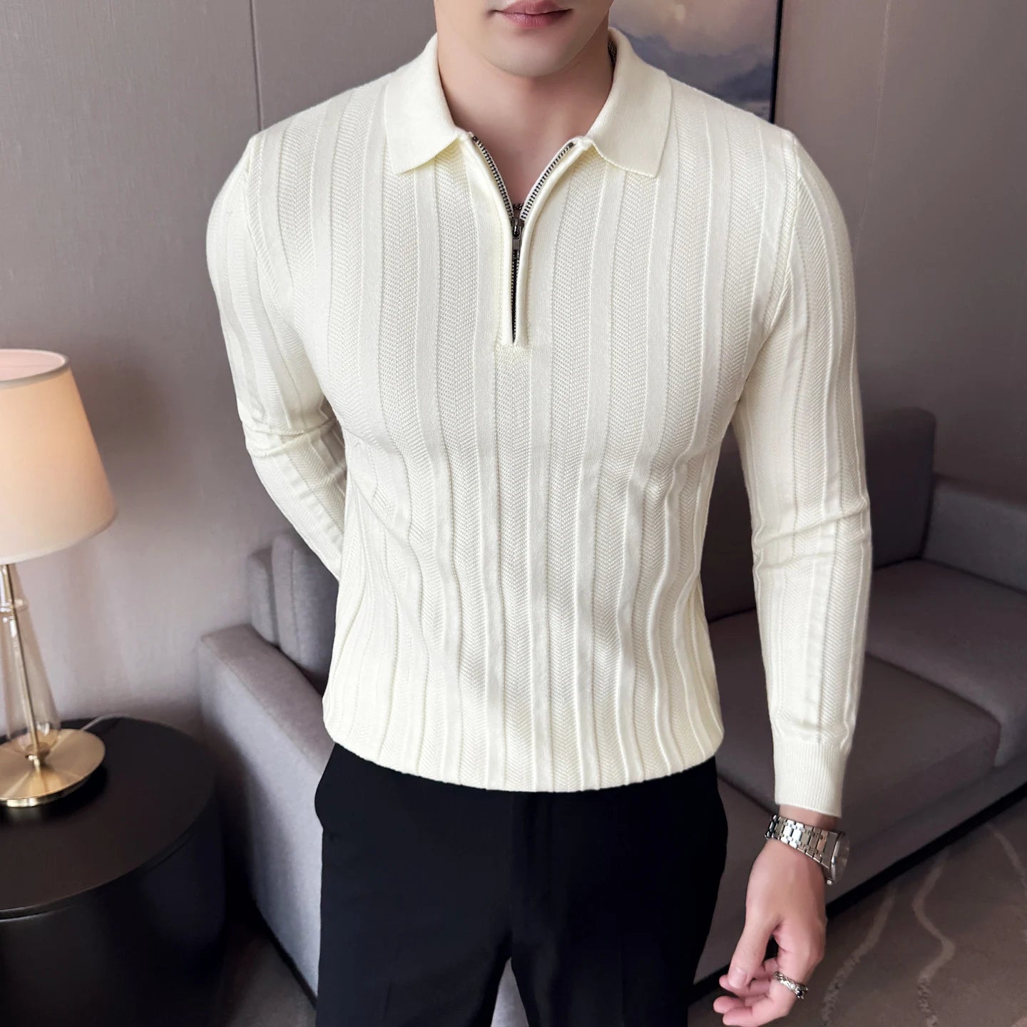 Men's Zip-Front Knit Sweater - White Polo Collar (Black/Burgundy/Cream) M-4XL Soft Touch Autumn Winter Casual Style