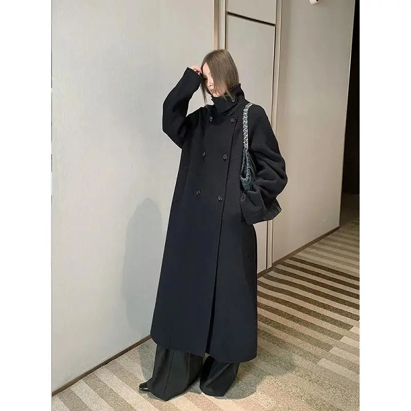 Double Breasted Office Lady Cashmere Woolen Jackets 2025 Autumn And Winter Stand Collar Loose Lace-Up Women's Long Wool Coats