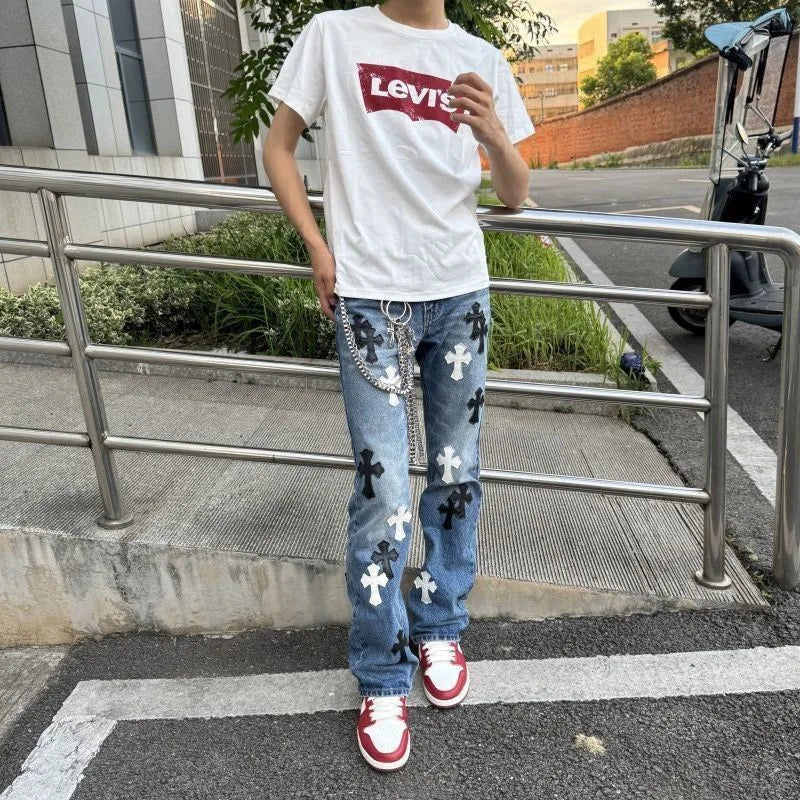 Casual Straight Leg Jeans Men's Loose Fit High Street Style Washed Denim Pants Tapered Leather Feel American Style