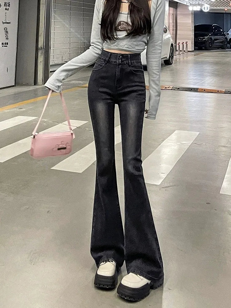 Fce Lined Thiened Autumn Winter American Sle High Waist Slim Fit Drapey Micro Flared Jeans Women's Premium Denim Pants