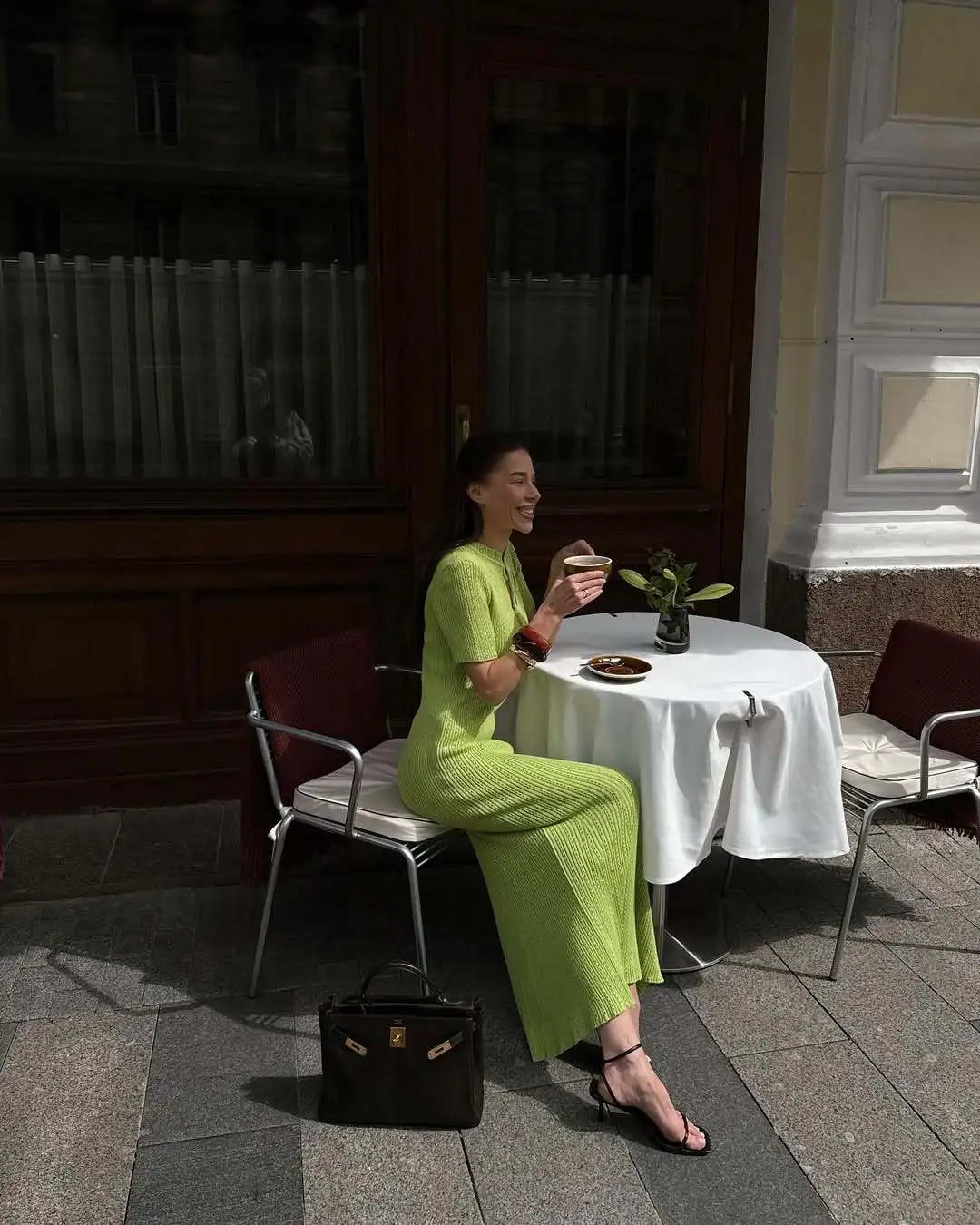 Tossy Knit Hollow Out Lace-Up Dress Female Ribbed Short Sleeve Patchwork High Waist Elegant Long Dress Women's Knitwear Dress