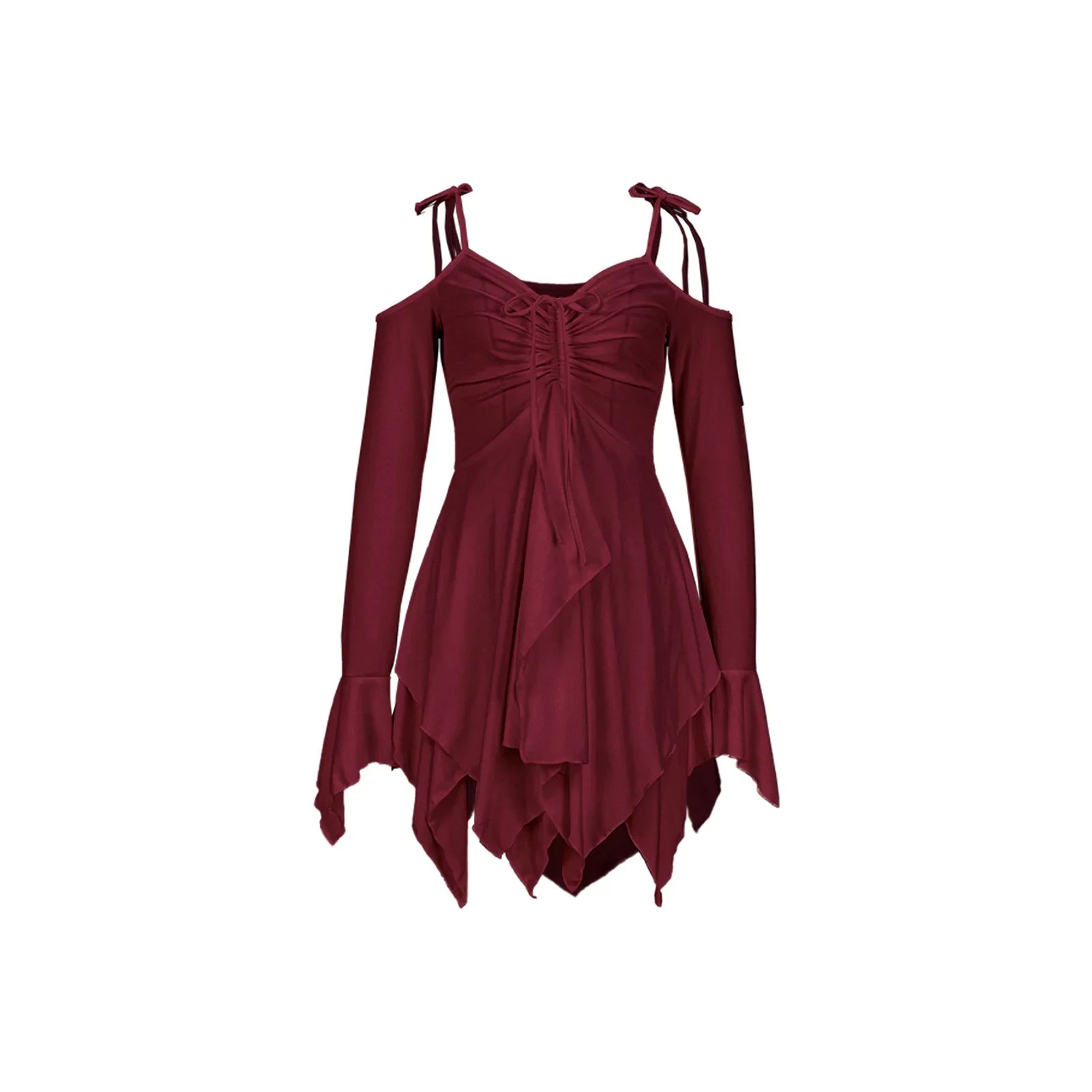 2025 Gothic Women Clothing Drawstring Pleated Short Dresses Solid Color Y2K Irregular Lace-Up Off The Shoulder Long Sleeve Dress