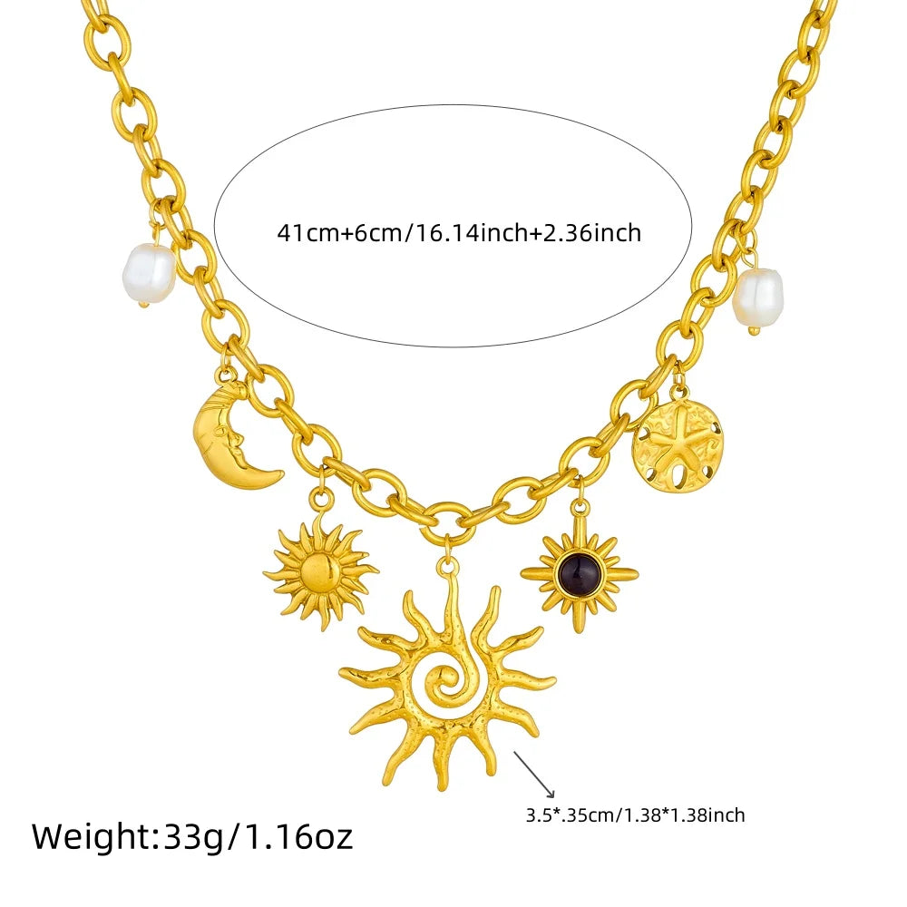 Golden Starfish Moon & Sun Pendant Necklace | 316L Stainless Steel Romantic Chain for Women