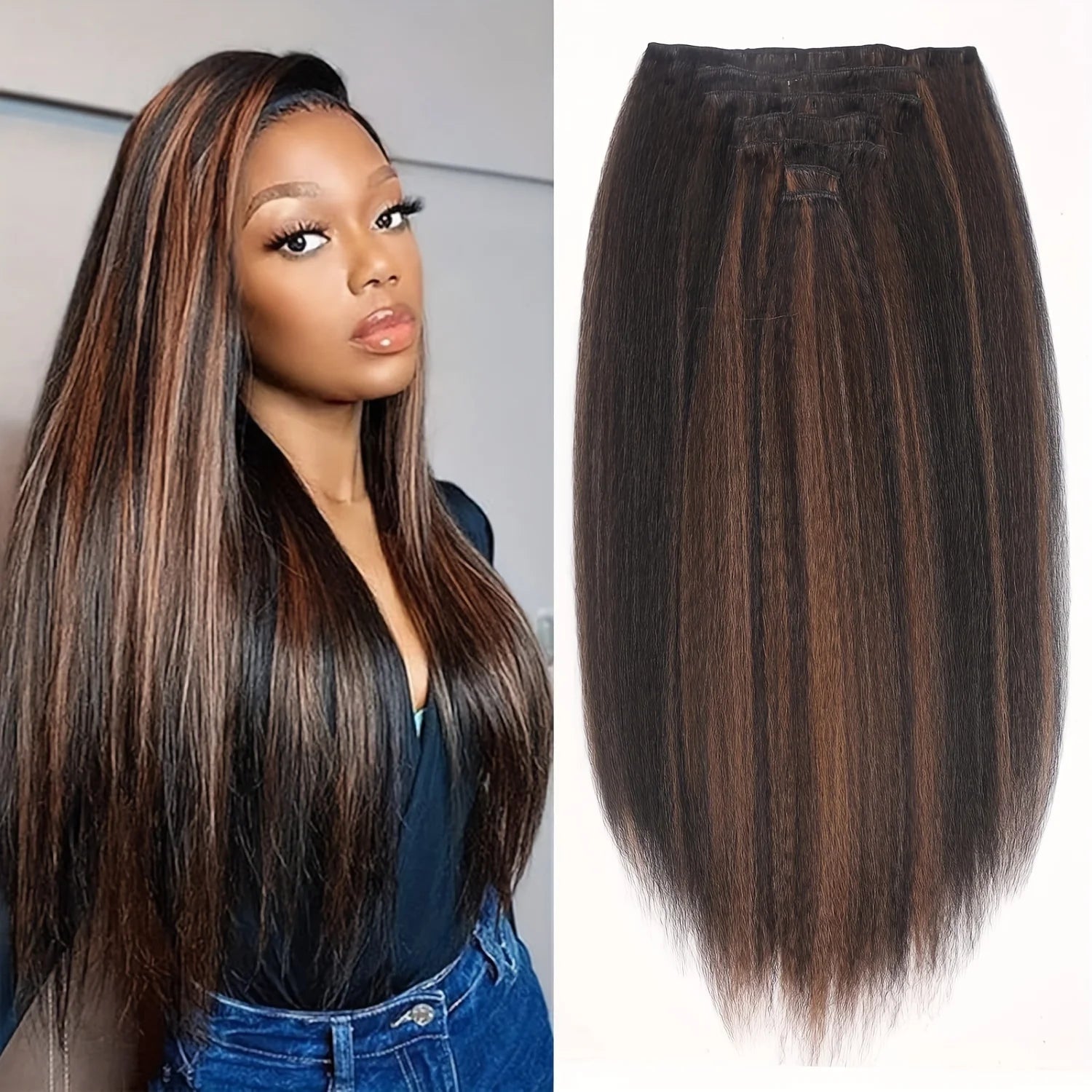 LANSA Synthetic Hair Yaki Clip In Hair Extensions Yaki Straight 7Pcs/set 16Clip-In Hairpieces For Black Women