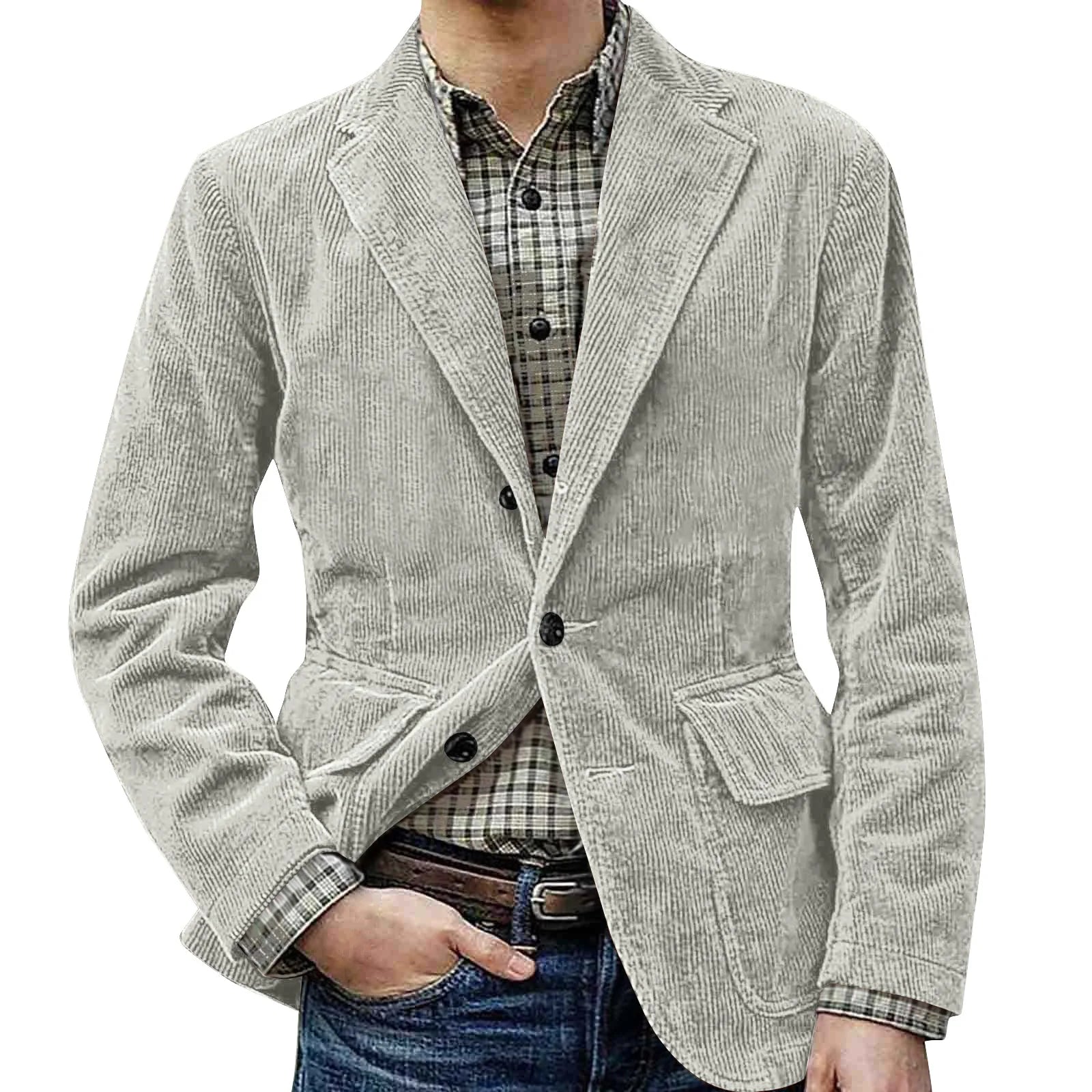 Corduroy Warm Pocket Suit Jacket Men'S Solid Color Cardigan Casual Suit Winter Fashion Single-Breasted Warm Top Jacket