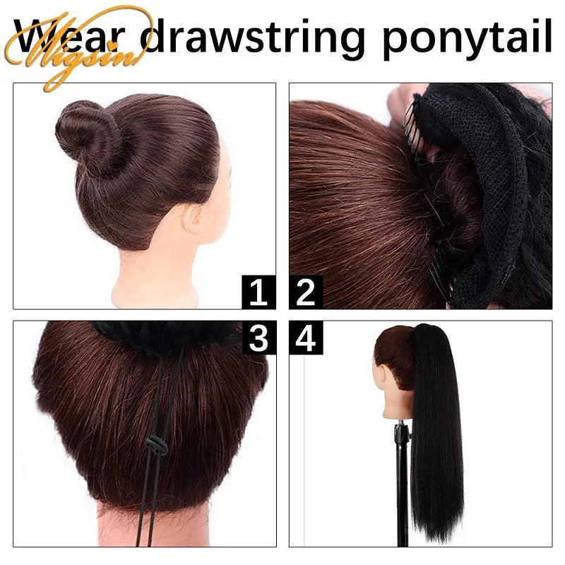WIGSIN 22Inch Synthetic Long YAKI Straight Puff Ponytail Drawstring Clip in Hair Extension for Women