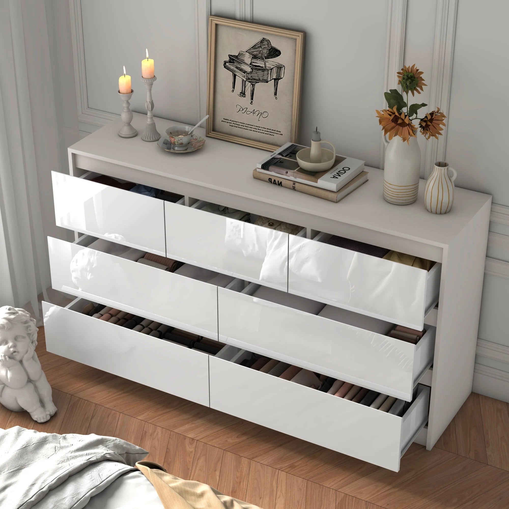 7 Drawer Dresser for Bedroom, 55 Inch Modern Dresser with High Gloss Drawers, Large Wood Chest of Drawer, White/Black