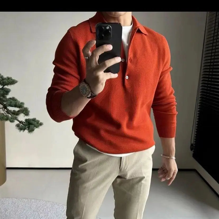 Men's Knitted Autumn Winter New Lapel Long-sleeved Slim Sweater Base Business Casual
