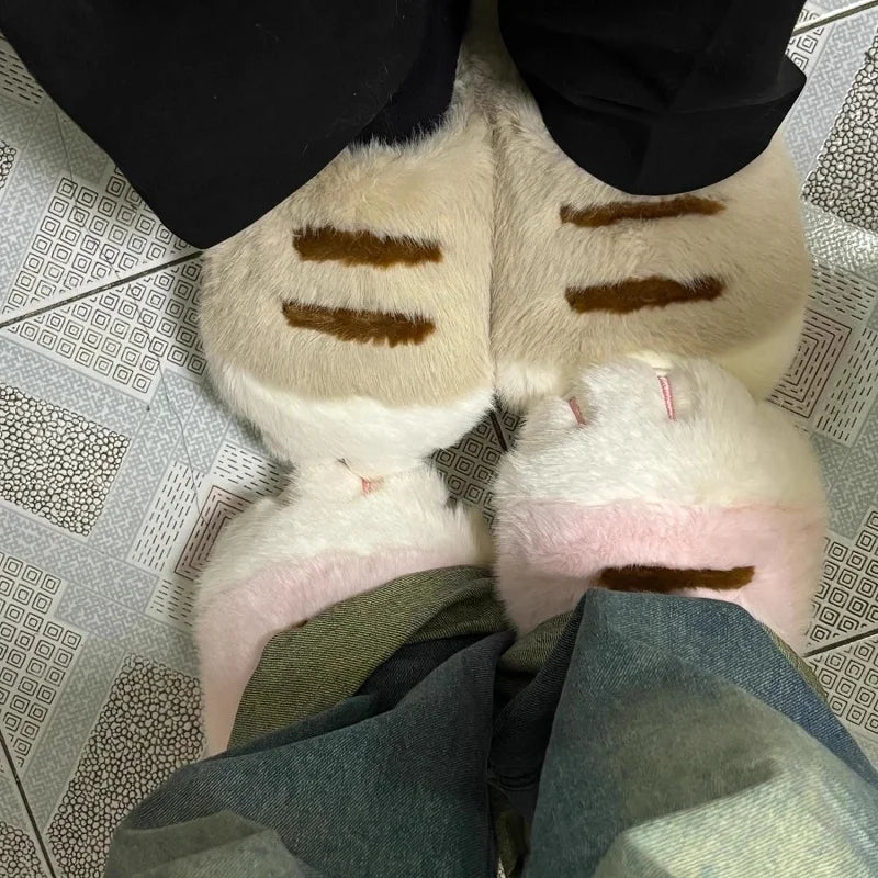 New Adorable Kitty Claw Slippers Women's Home Shoes Non Slip Furry Mules Female Fashion Warm Fluffy Slides Outdoor Cat Slippers