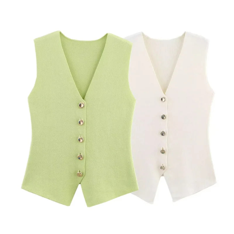 ETJ 2025 new women's elegant fashion all-match V-neck sleeveless vest jacket knitted waistcoat