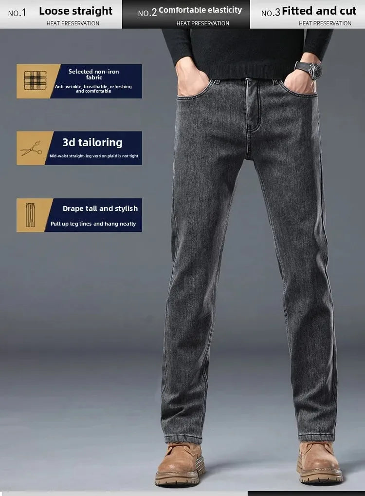 2025 New Winter Men Black Straight Stretch Denim Thick Velvet Pants Warm Jeans Casual Fleece Line Trousers Male Plus Size