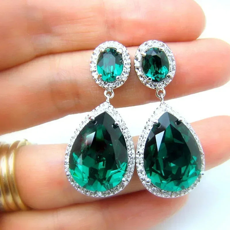 Green Crystal Drop Earrings | Elegant Zirconia Luxury Jewelry for Women