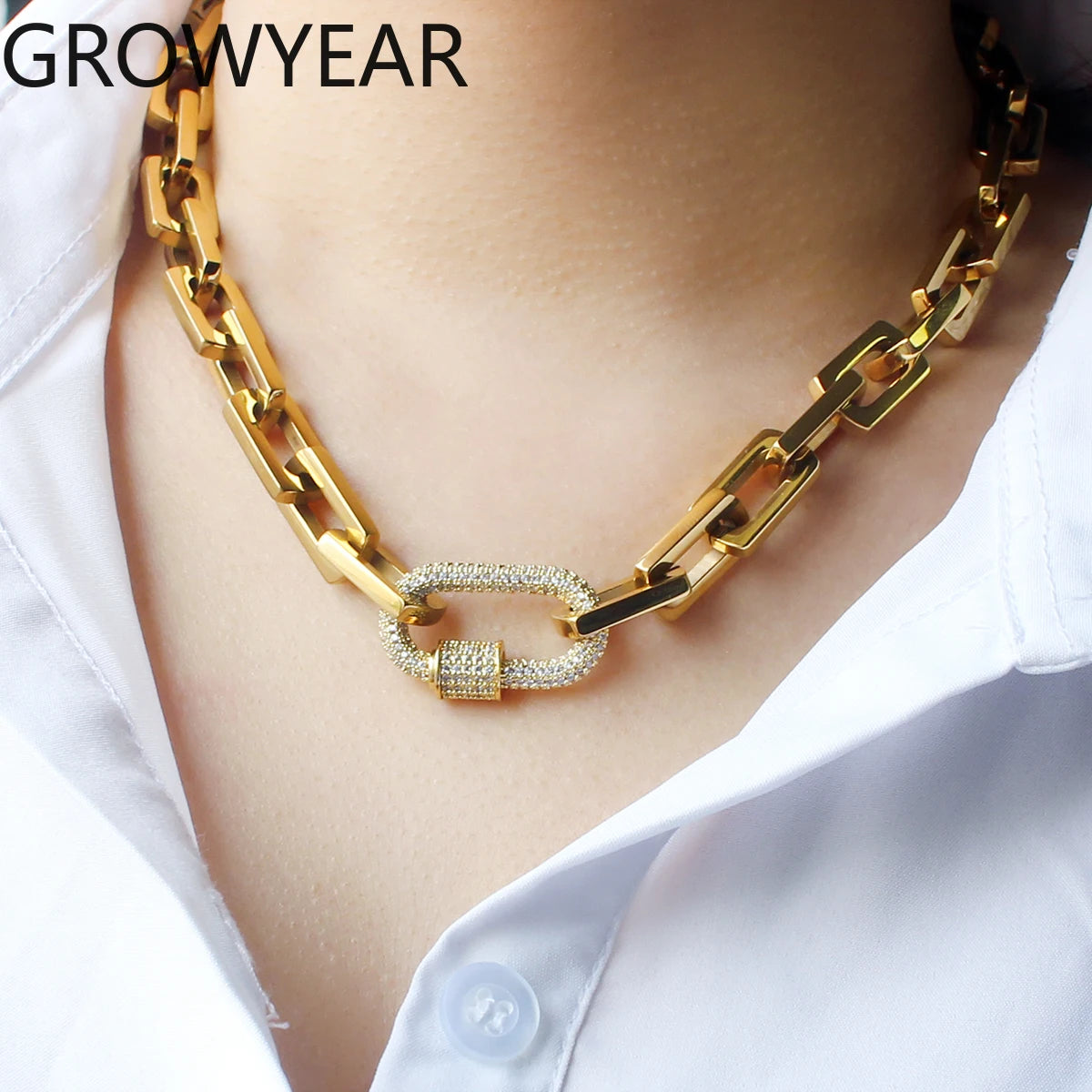 18K Gold & Silver Chunky Paperclip Chain Necklace | Zircon Carabiner Lock Minimalist Jewelry