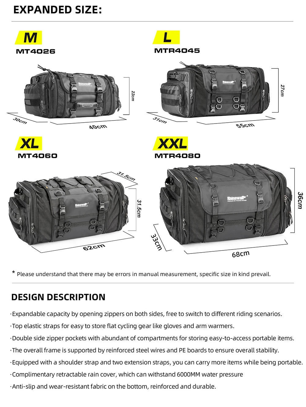 Rhinowalk Motorcycle Travel Luggage Bag Waterproof 19L-80L Expandable Big Capacity Motor Tail/Trunk/Rack Bag For Most motorcycle