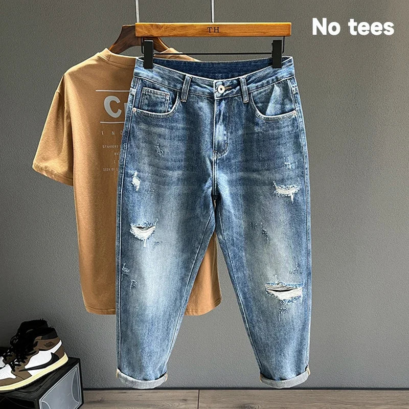 New Men's Ripped Jeans Personality Fashion Tapered Hole Frayed Denim Trousers Streetwear Casual Vintage Blue Pants Male Clothes