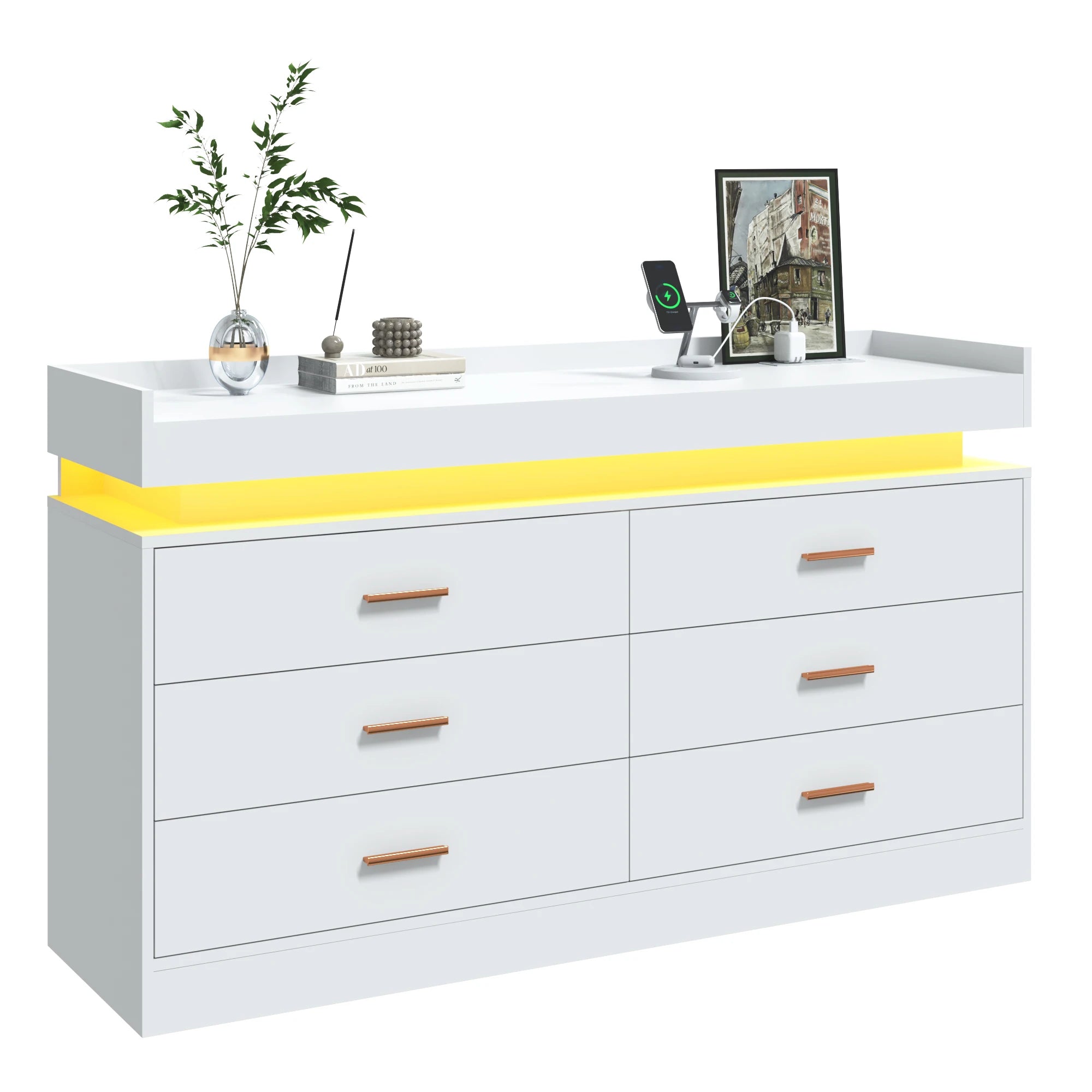 6 Drawer Dresser, 46'' Modern Chest of Drawers for Closet with LED Light, Wide Drawer Organizer Cabinet for Bedroom, White/Black