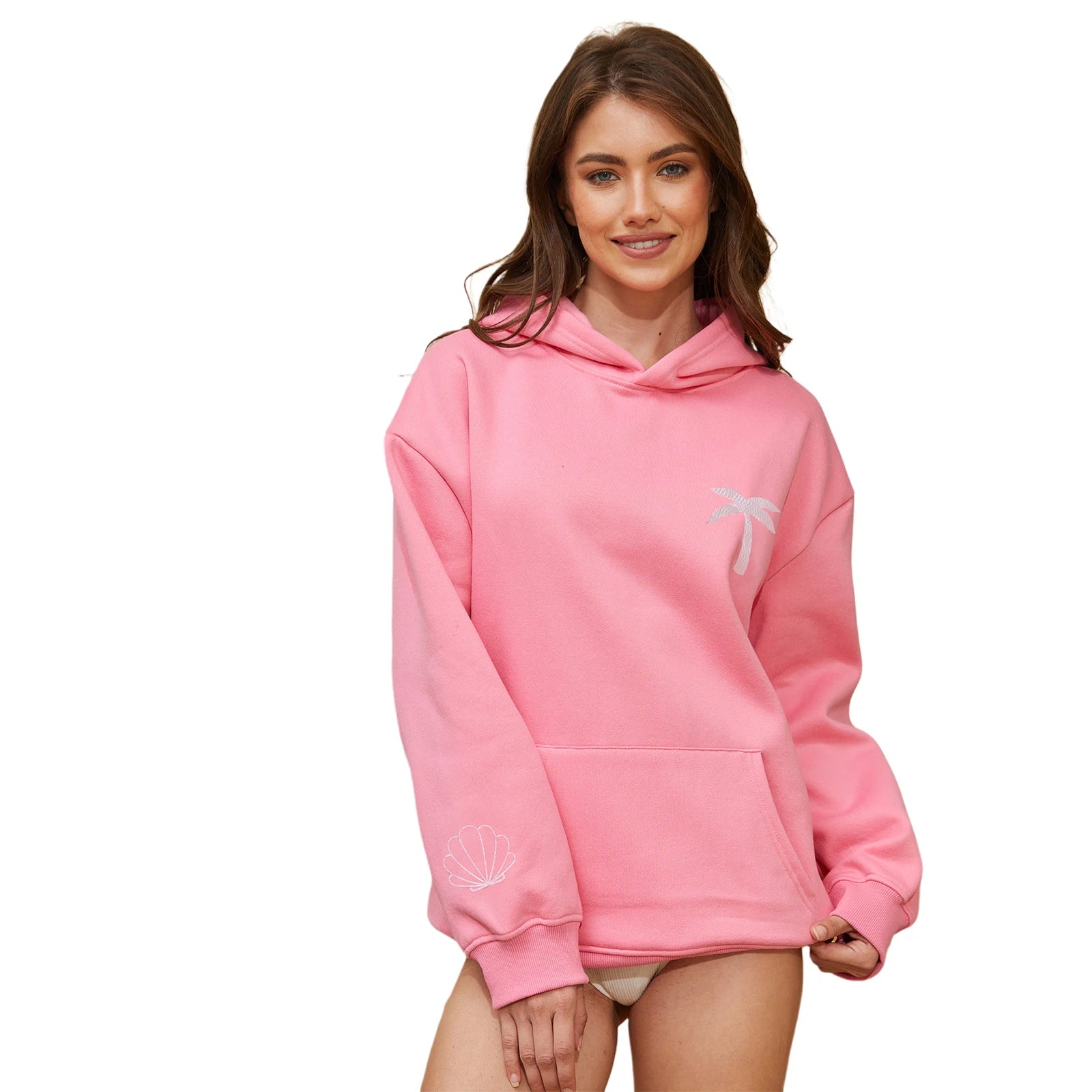 Women’s Coconut Tree Embroidered Hoodie – Loose Waffle-Knit Pullover