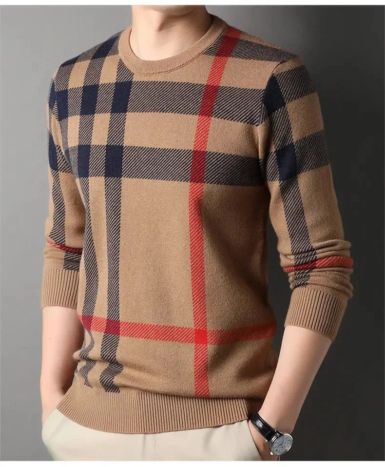 High end luxury pullover men autumn winter designer brand round neck striped wool sweater European fashion casual warm knitwear