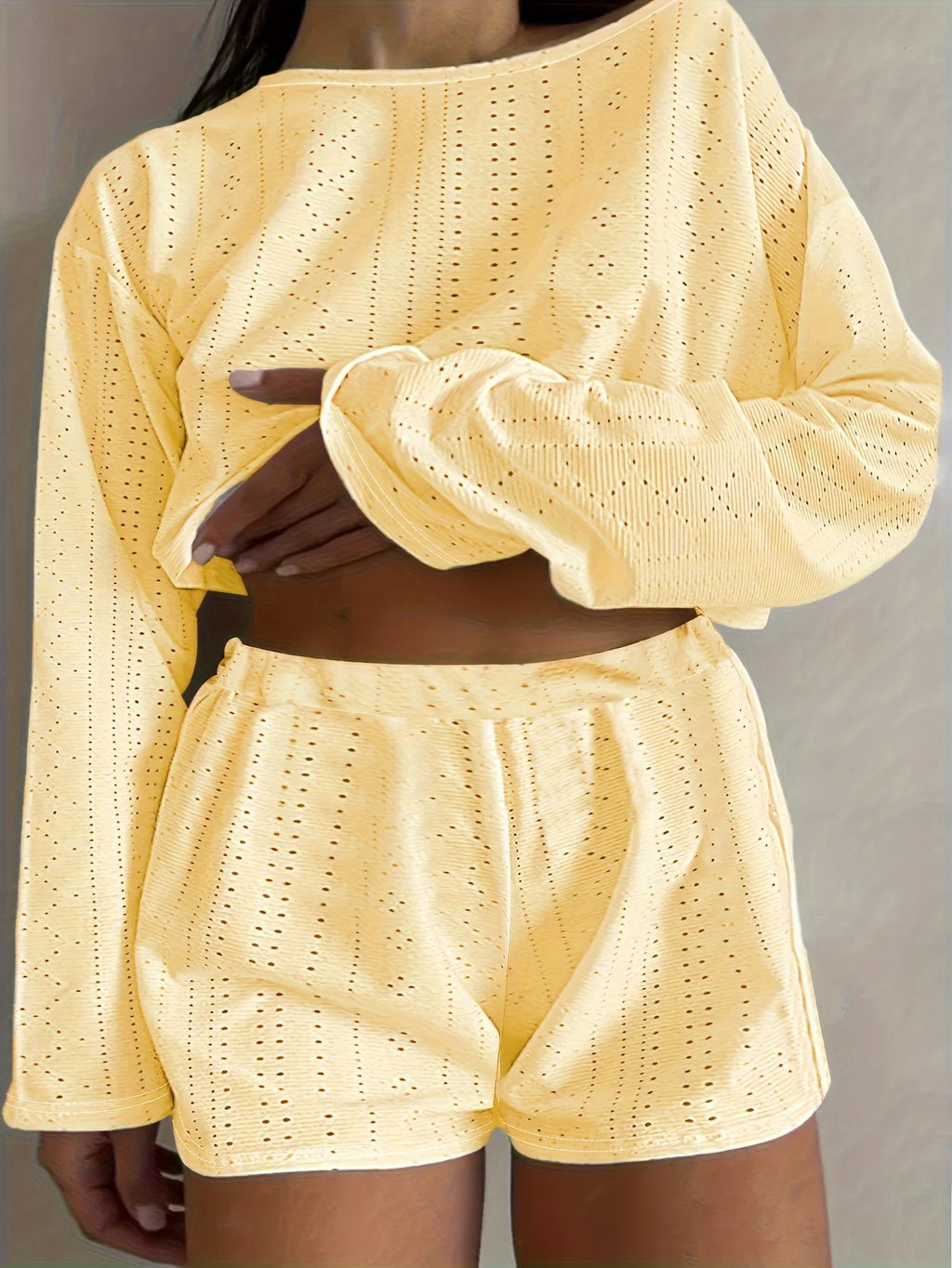 Plus Size Eyelet Casual Shorts Set, Crew Neck Long Sleeve Top & Shorts Outfits, Women's Plus Size Clothing