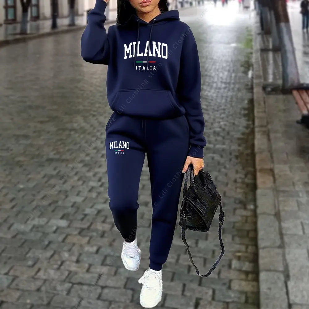 Women’s “MILANO” Letter Print Tracksuit – 2-Piece Hoodie & Pants Set, Casual Sportswear Outfit (Autumn/Winter 2025)