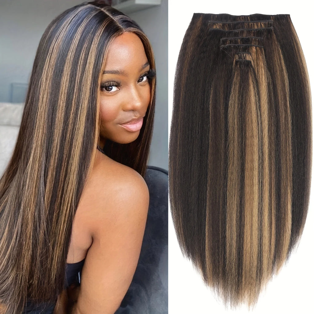 LANSA Synthetic Hair Yaki Clip In Hair Extensions Yaki Straight 7Pcs/set 16Clip-In Hairpieces For Black Women
