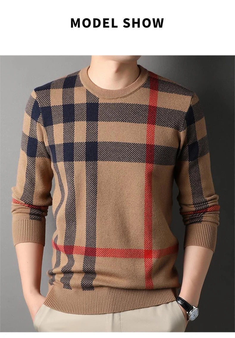 High end luxury pullover men autumn winter designer brand round neck striped wool sweater European fashion casual warm knitwear