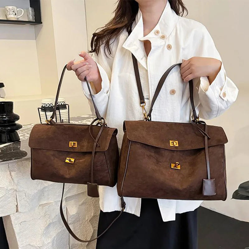 Luxury Brand Women Messenger Bags Soft Leather Brown Suede Hand Held Totes Gold Buckle Women Shoulder Bags Lady Trend Satchel