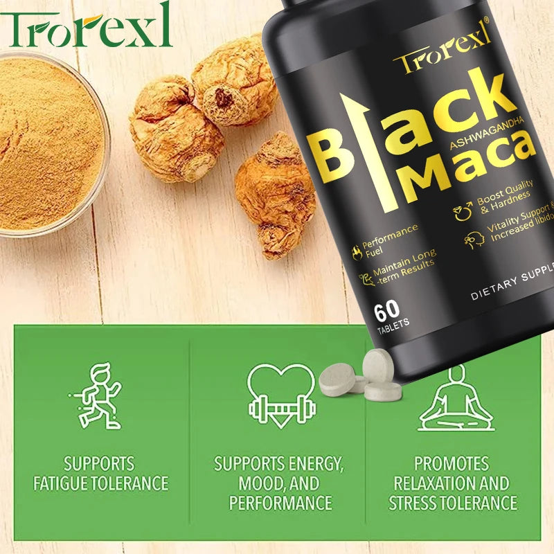 HABUMAMA Natural Black Maca Tablets with Ashwagandha & Black Pepper – Male Energy & Stamina Booster | Supports Vitality, Endurance & Performance (60 Tablets)